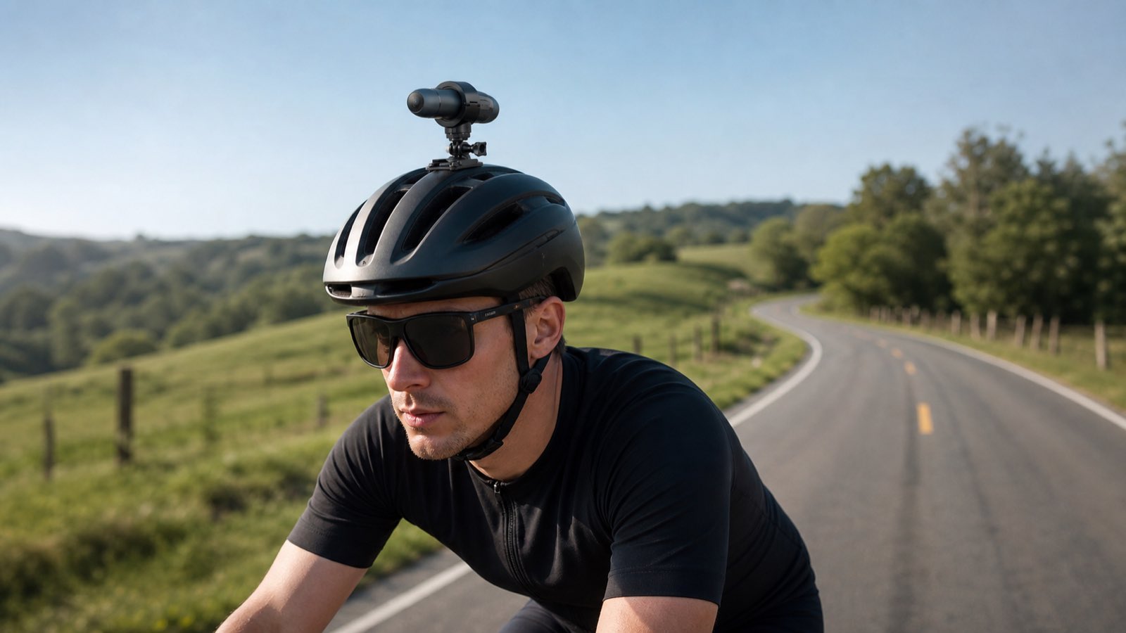 S50+ dual-lens helmet action camera field-tested on a cyclist helmet during an outdoor riding route